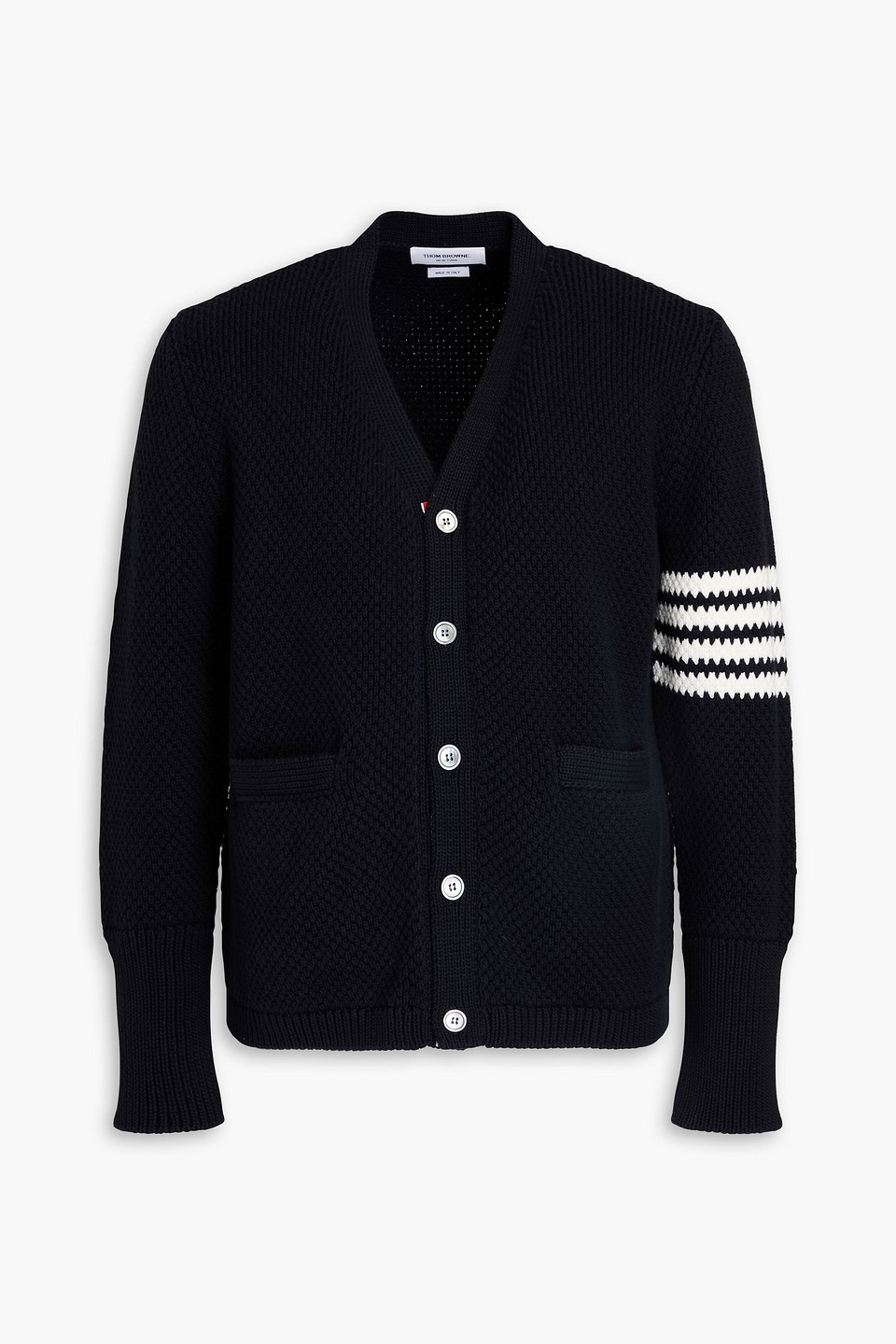 THOM BROWNE STRIPED TEXTURED-KNIT COTTON CARDIGAN