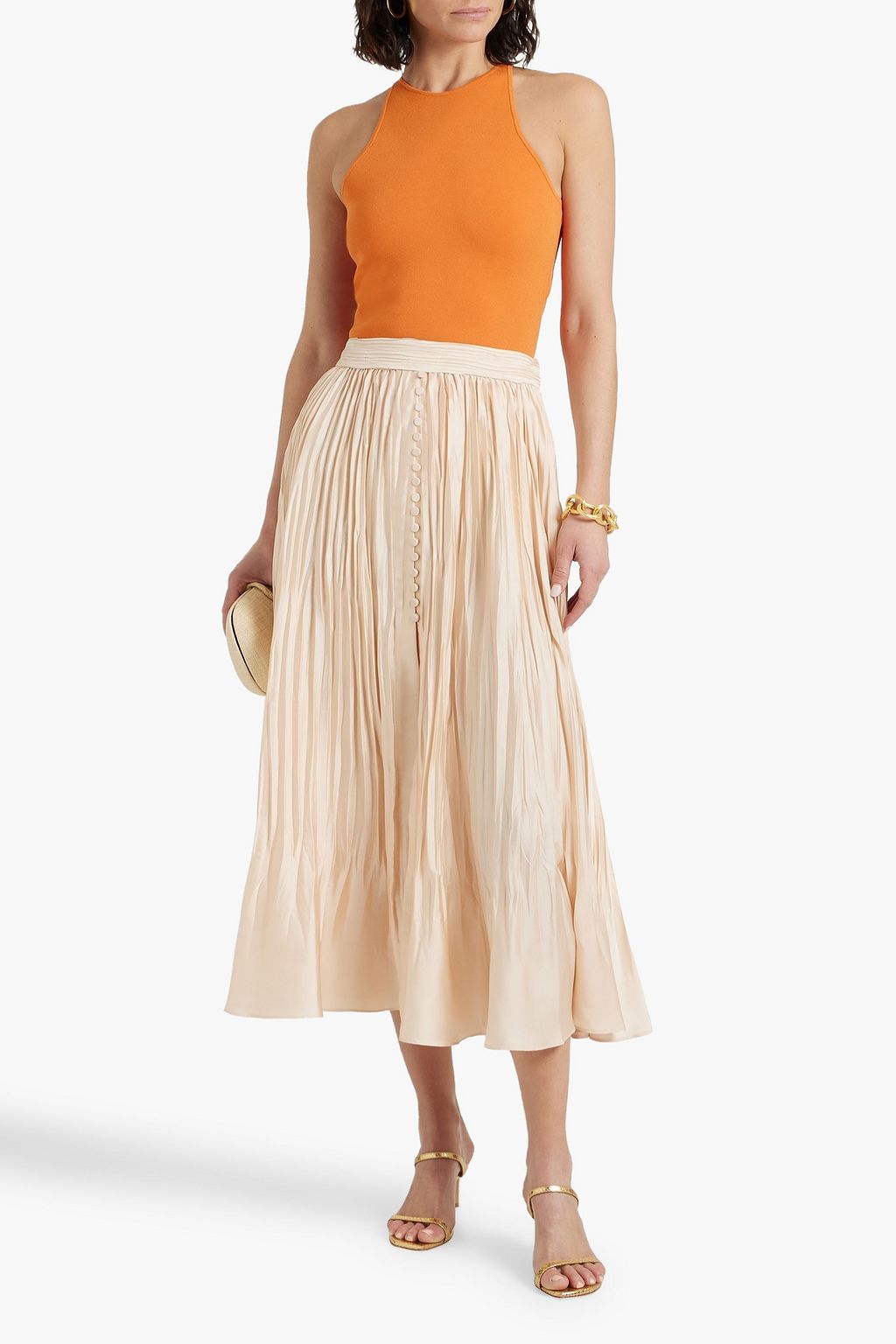 SIMKHAI プリーツ加工サテン ミディスカート