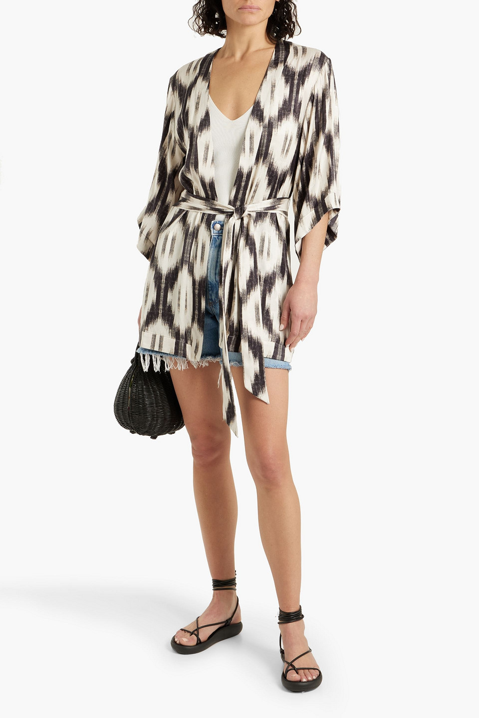 Shop Alice And Olivia Domino Printed Satin-jacquard Kimono In Light Gray