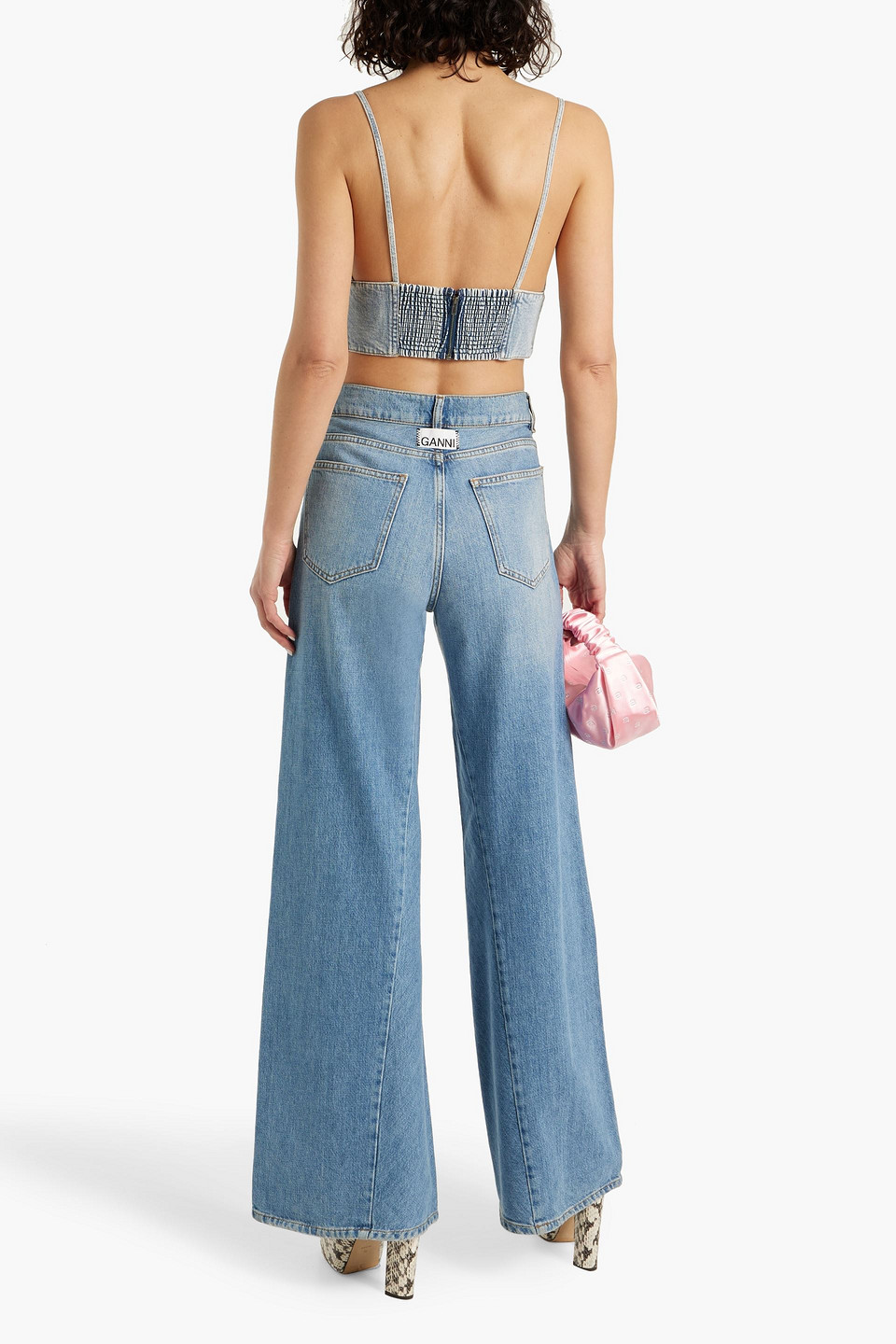 Alice And Olivia Carli Denim Crop Top In Mid Denim