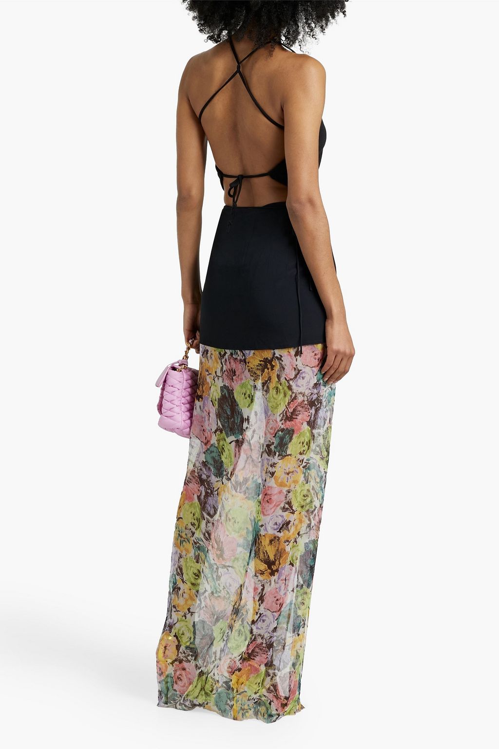 DRIES VAN NOTEN تنورة طويلة من الجورجيت المصنوع من مزيج الحرير مع قطع محاكة بجانب بعضها البعض من الكريب ومزينة بطبعات