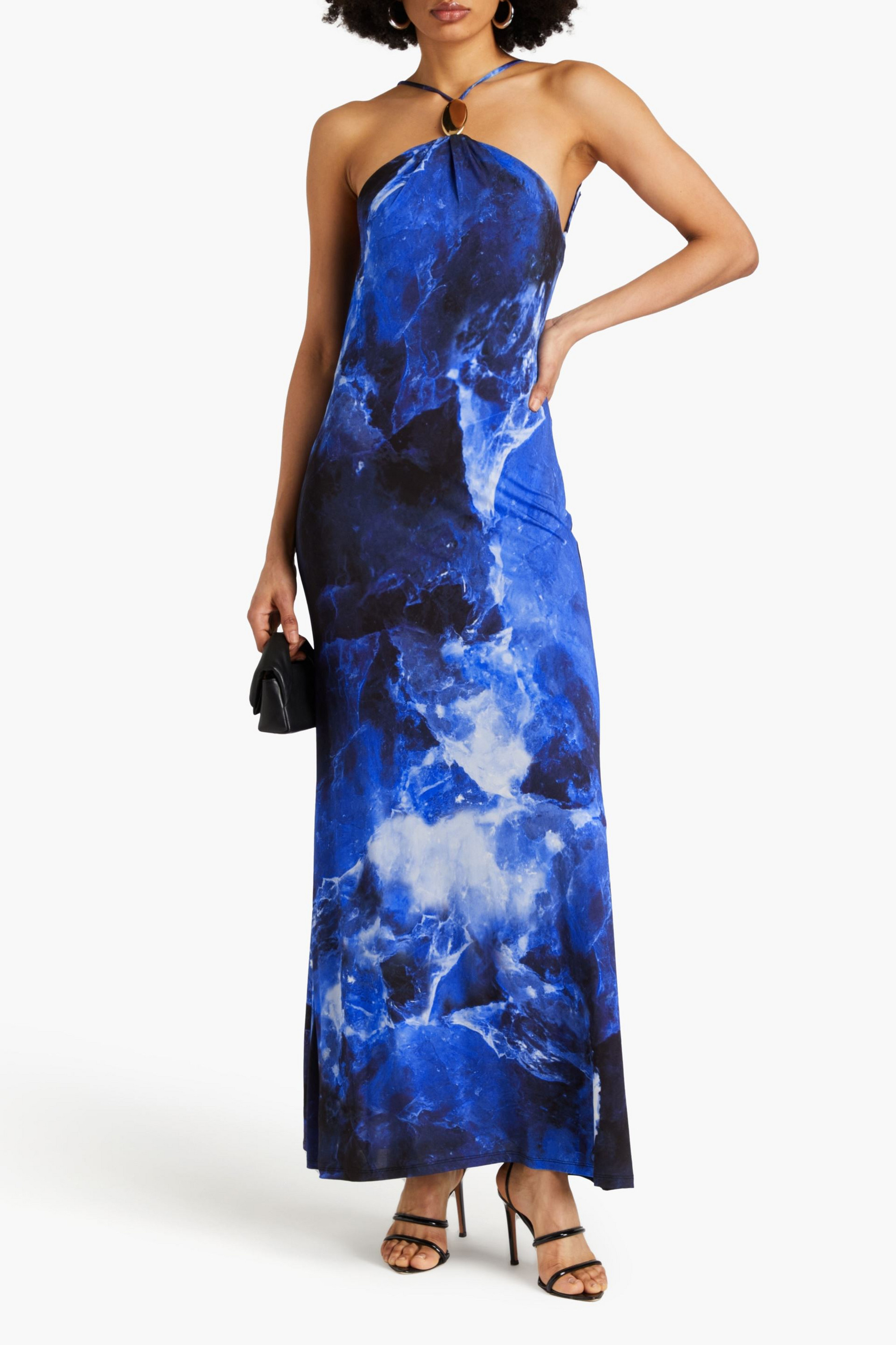 SIMKHAI Sunnie open-back printed jersey halterneck gown