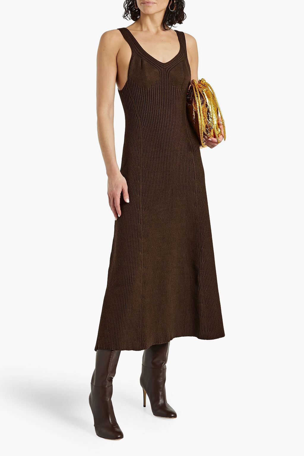 JIL SANDER Ribbed cotton-blend midi dress in chocolate