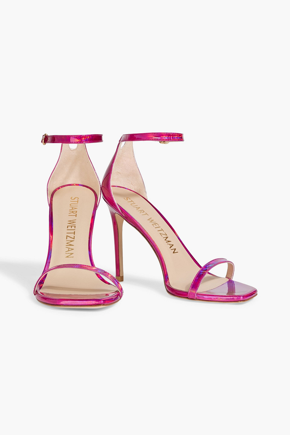 Stuart Weitzman Iridescent-effect Faux Patent-leather Sandals In Magenta
