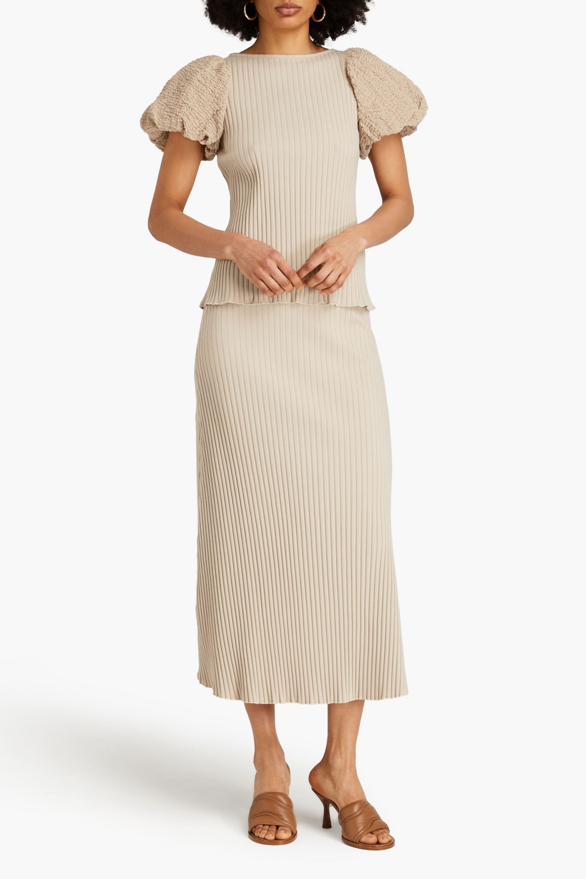 Mother Of Pearl Ribbed stretch-cotton and cloqué top