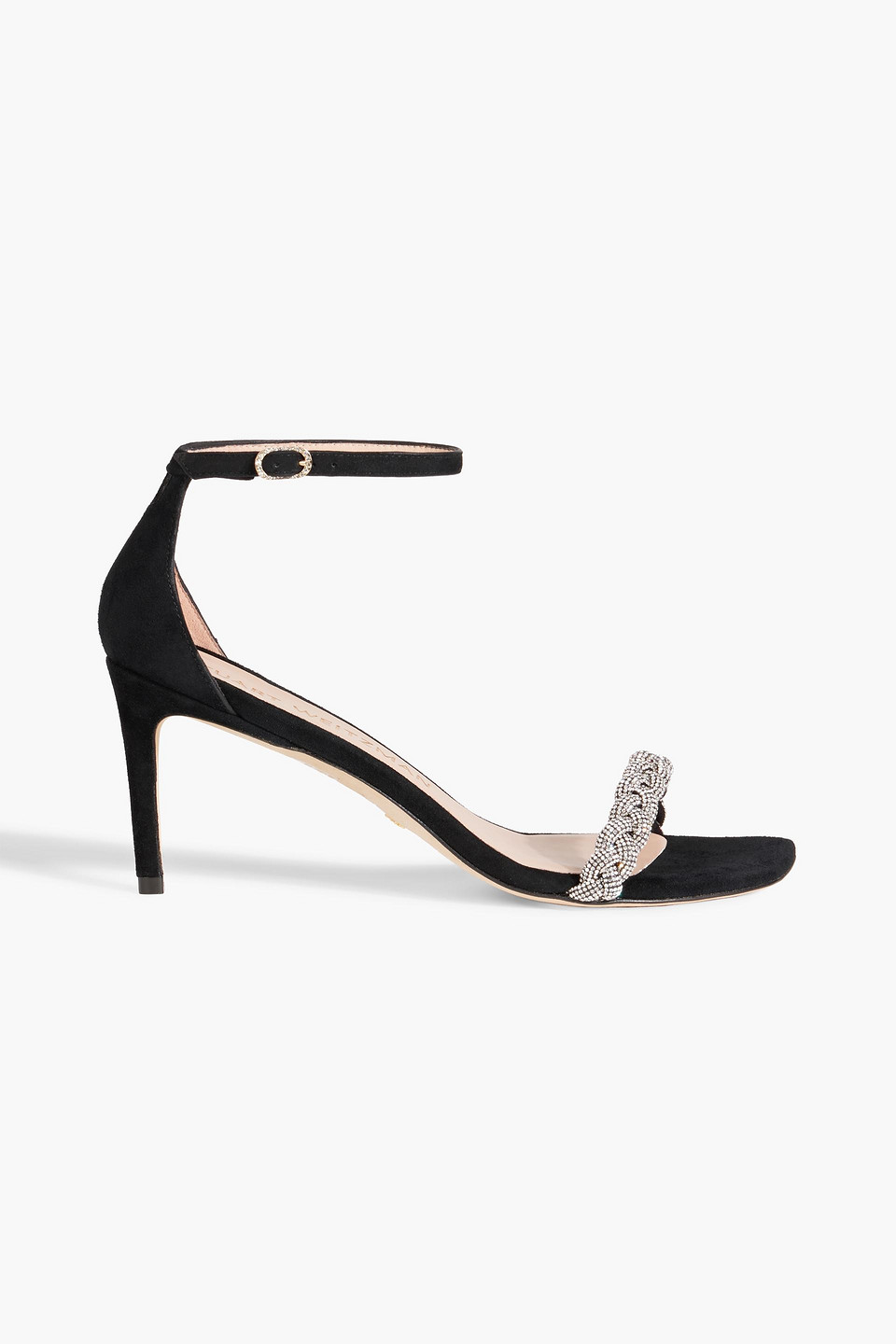 Shop Stuart Weitzman Crystal-embellished Suede Sandals In Black