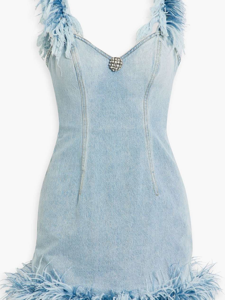 embellished feather-trimmed denim mini dress