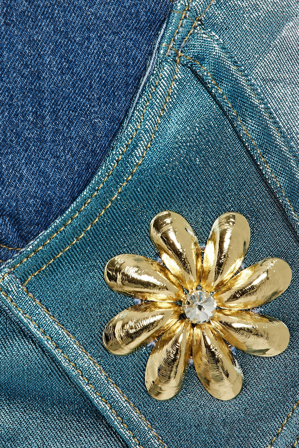 AREA EMBELLISHED TWISTED METALLIC DENIM MINI SKIRT