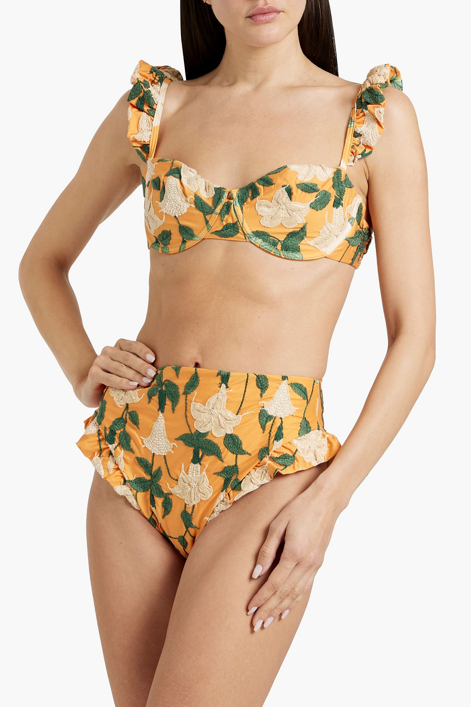 Agua By Agua Bendita Jengibre Sabanero Dorado Embroidered Embellished High-rise Bikini Briefs In Orange