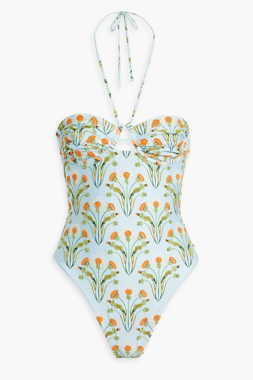 Shop Agua By Agua Bendita Sandalo Floral-print Embroidered Halterneck Swimsuit In Sky Blue