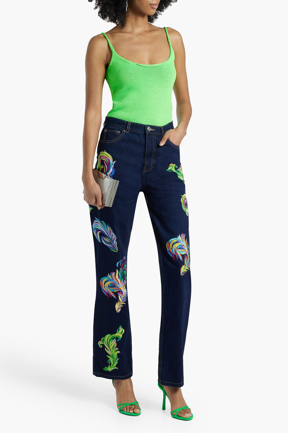 AREA EMBROIDERED CUTOUT HIGH-RISE STRAIGHT-LEG JEANS