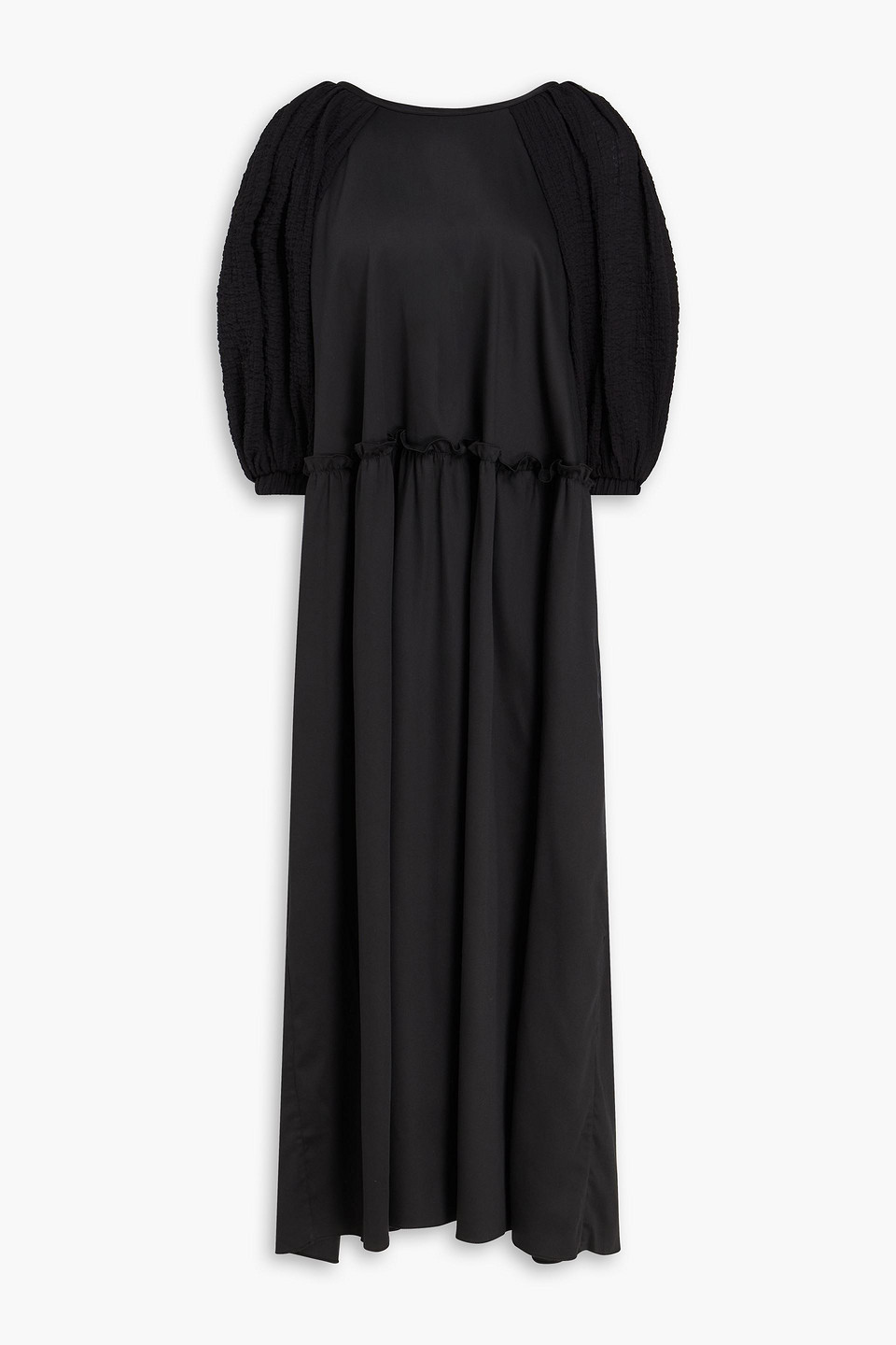 Mother Of Pearl Ruffled Seersucker-paneled Tencel™-blend Midi Dress In Black