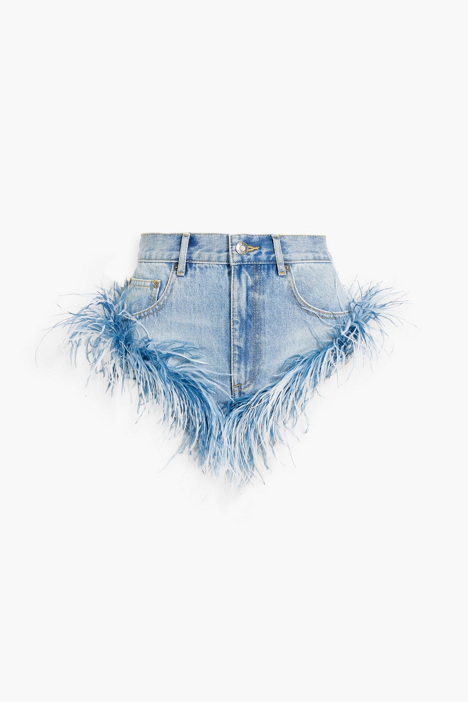 Area Feather-embellished Denim Shorts In Light Denim