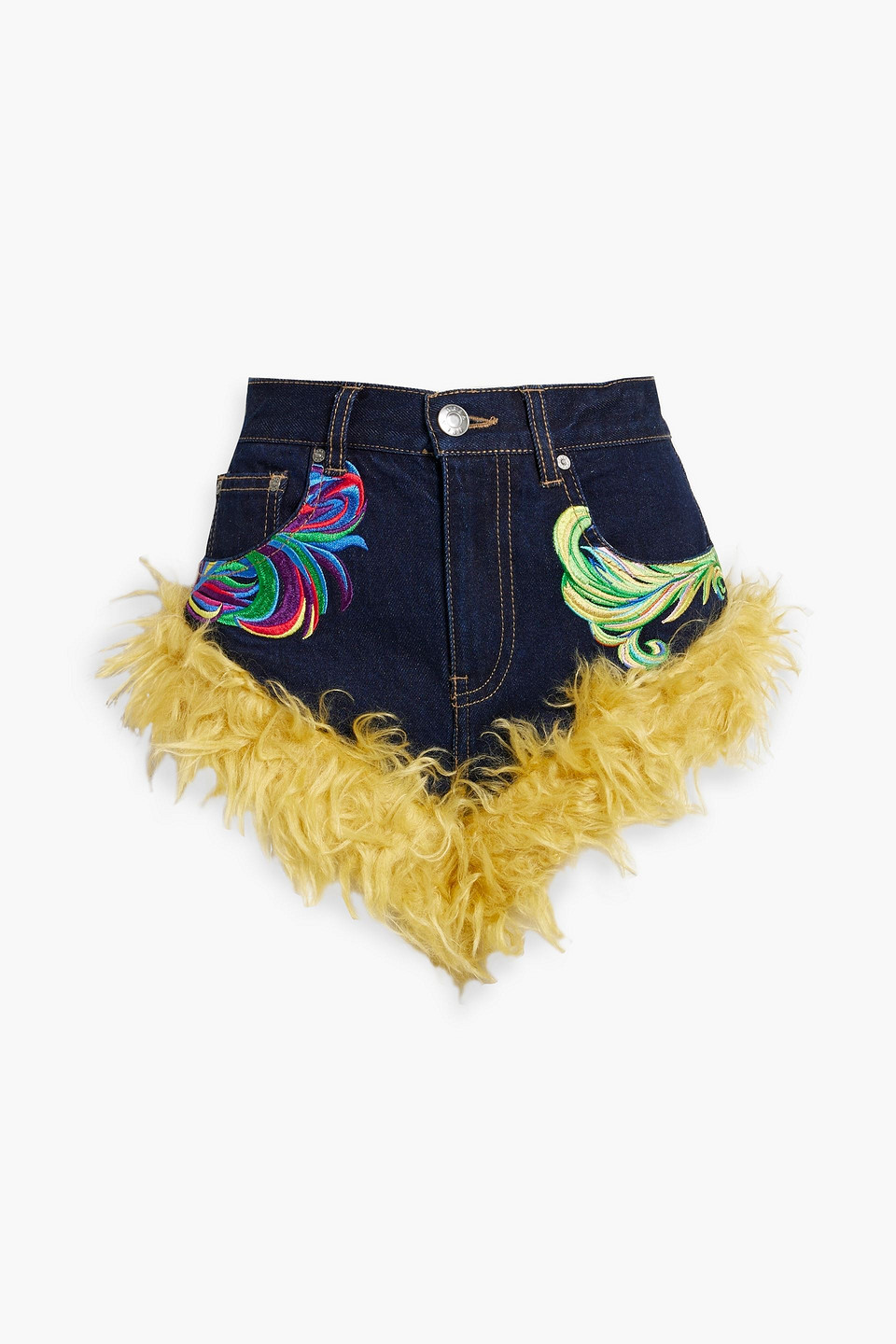 Faux fur-trimmed embroidered denim shorts