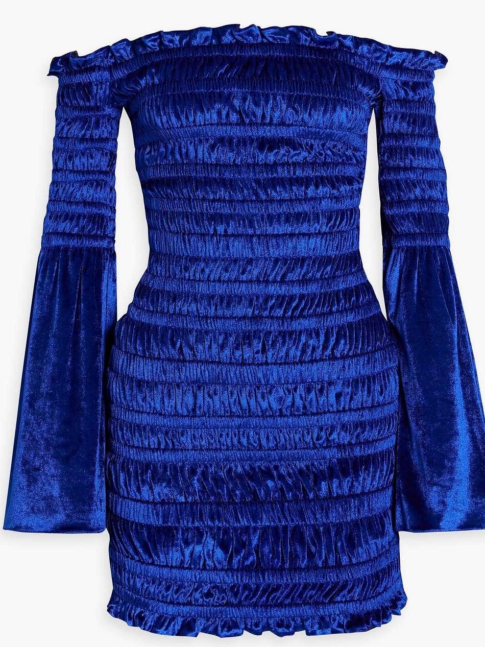 off-the-shoulder shirred stretch-chenille mini dress