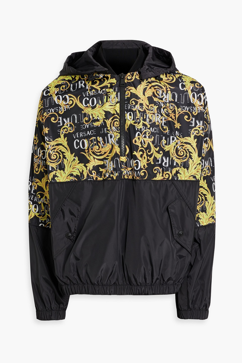 Versace Printed Shell Half-zip Hooded Jacket In Black