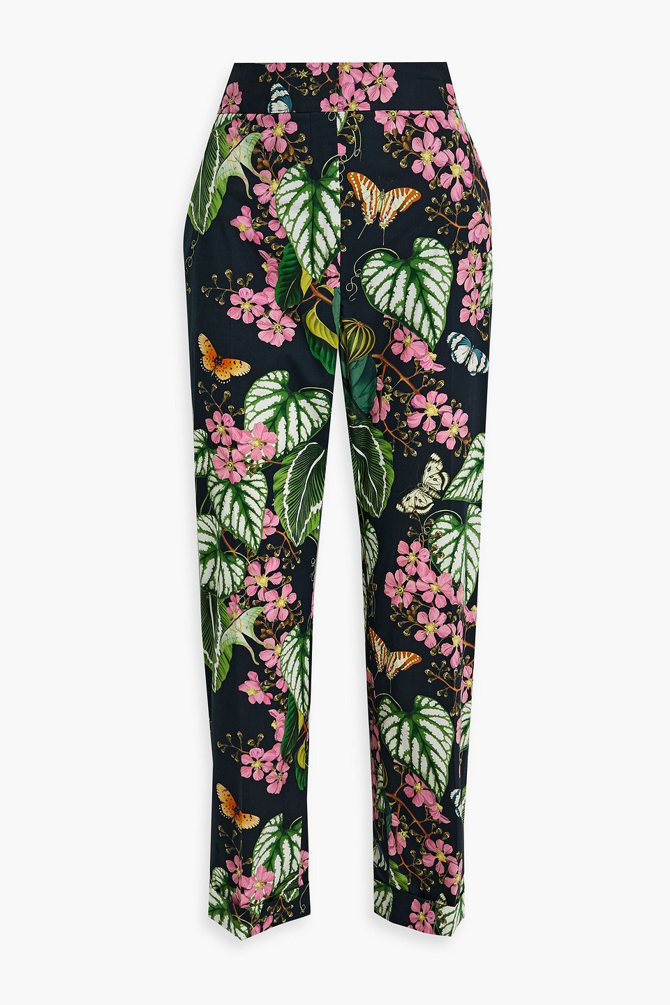 Shop Oscar De La Renta Printed Cotton-blend Poplin Tapered Pants In Leaf Green