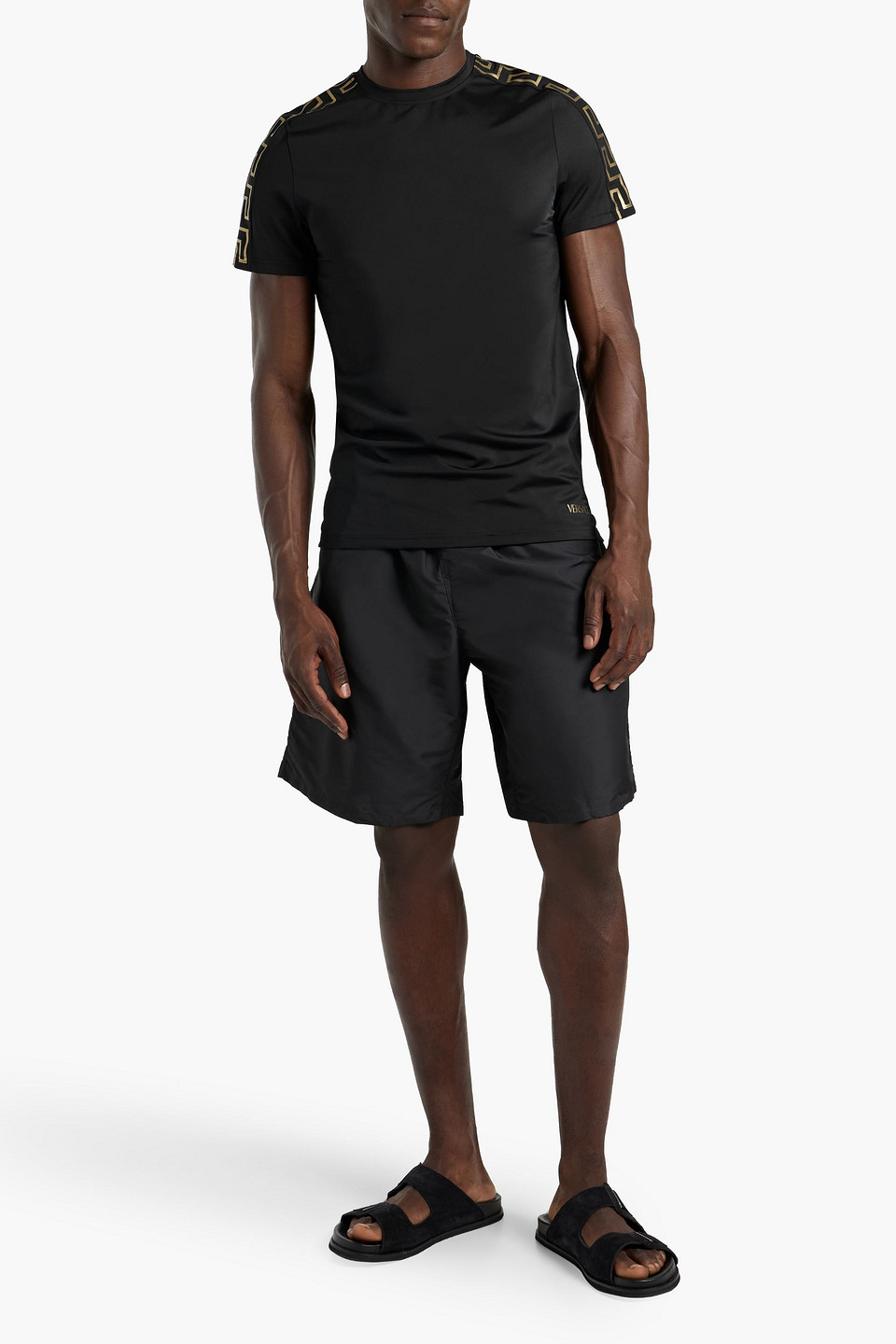 Shop Versace Printed Mesh-paneled Stretch-jersey T-shirt In Black