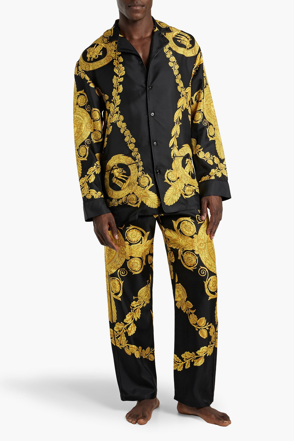 Shop Versace Printed Silk-twill Pajama Shirt In Yellow