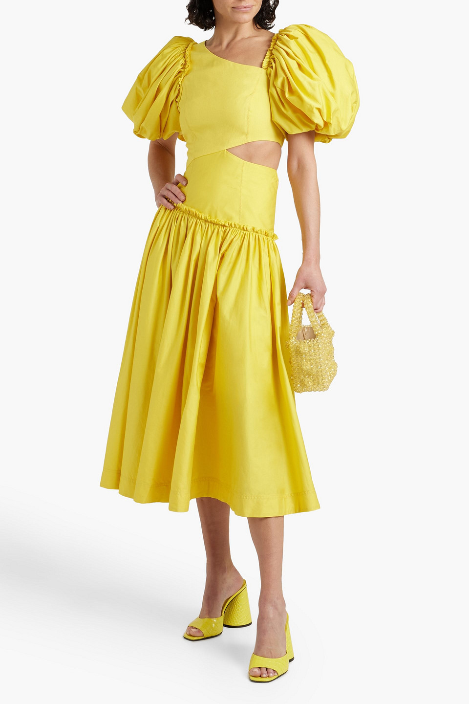 Shop Aje Cutout Linen-blend Midi Dress In Yellow