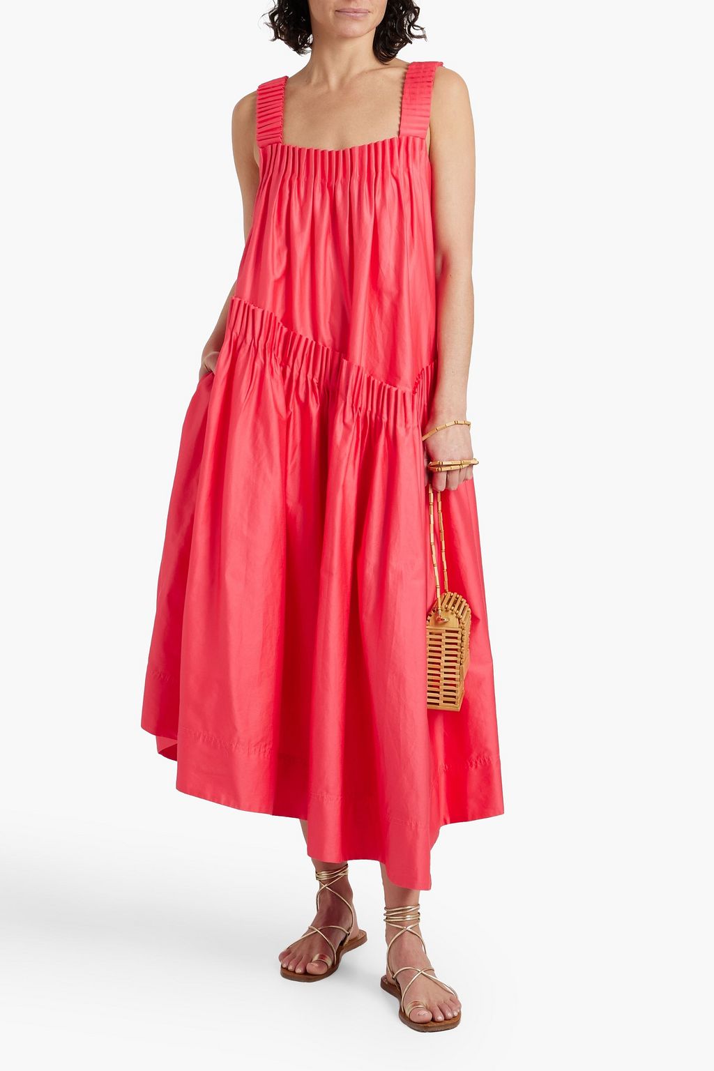 AJE. Severine asymmetric pleated cotton-poplin midi dress