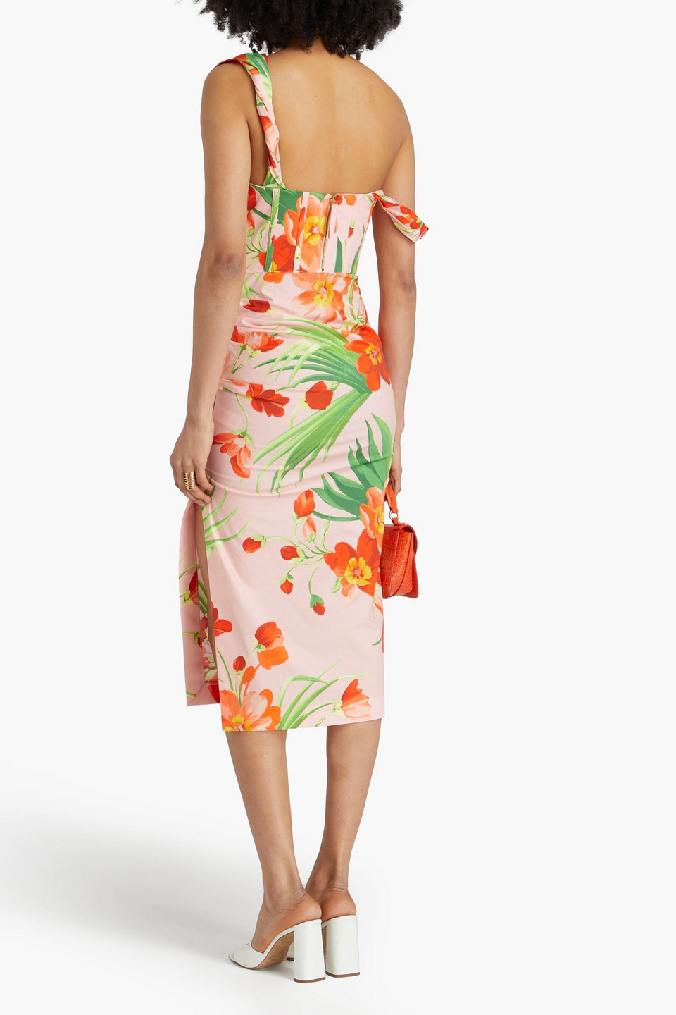 Carolina Herrera Floral-print Ruched Bodice Off-shoulder Midi Dress In Pastellrosa