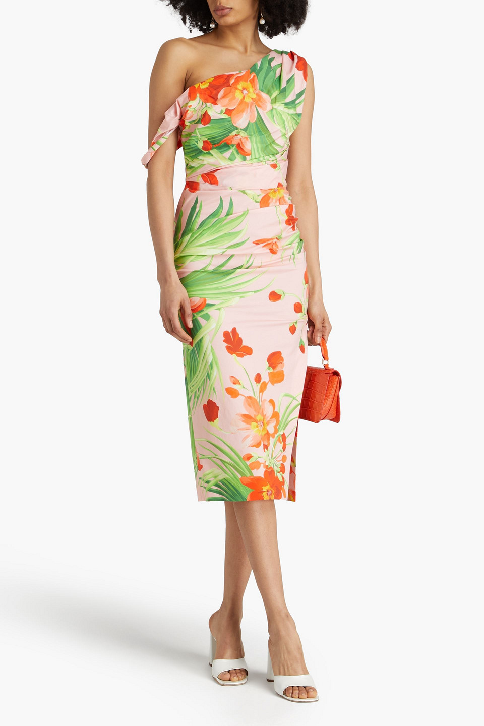Carolina Herrera Floral-print Ruched Bodice Off-shoulder Midi Dress In Pastellrosa