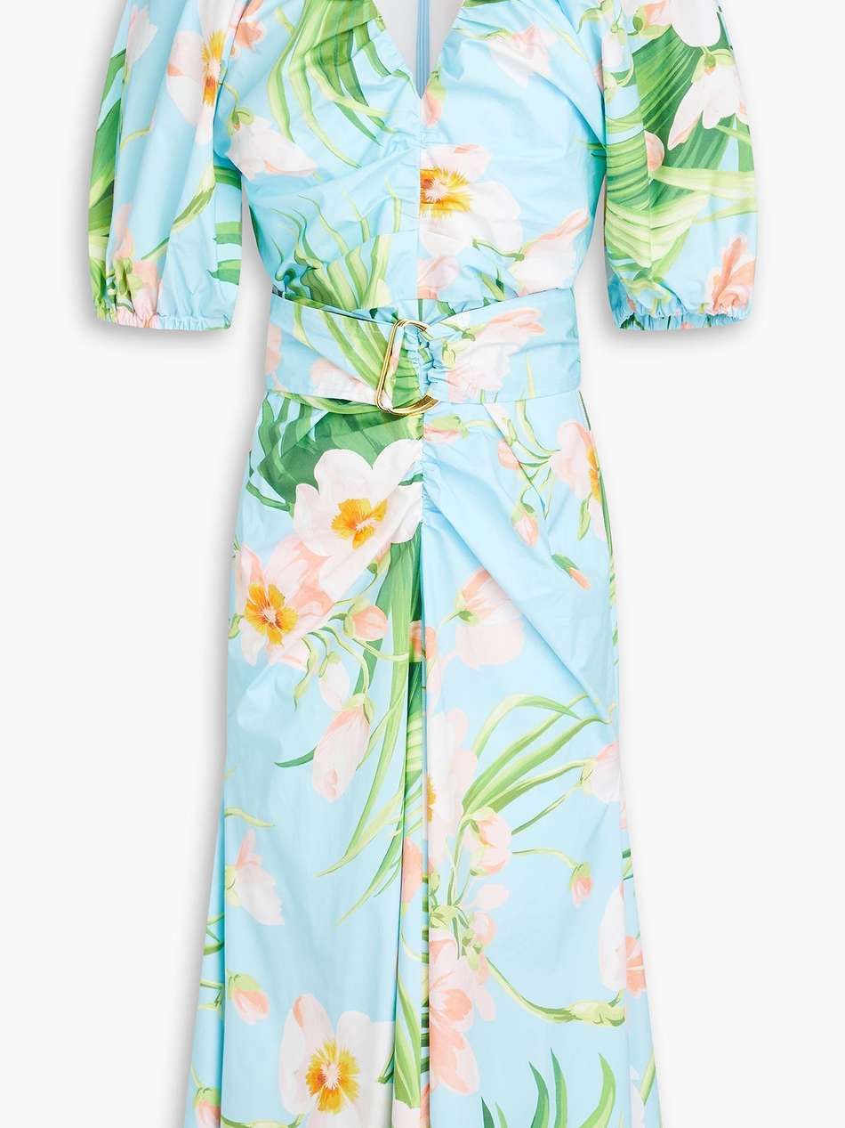 ruched floral-print cotton-blend poplin midi dress