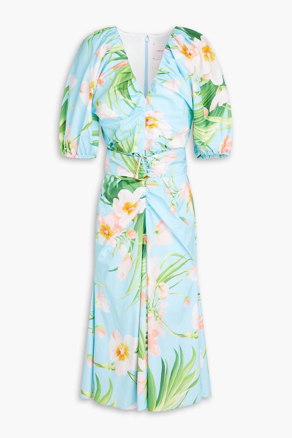 Shop Carolina Herrera Ruched Floral-print Cotton-blend Poplin Midi Dress In Light Blue