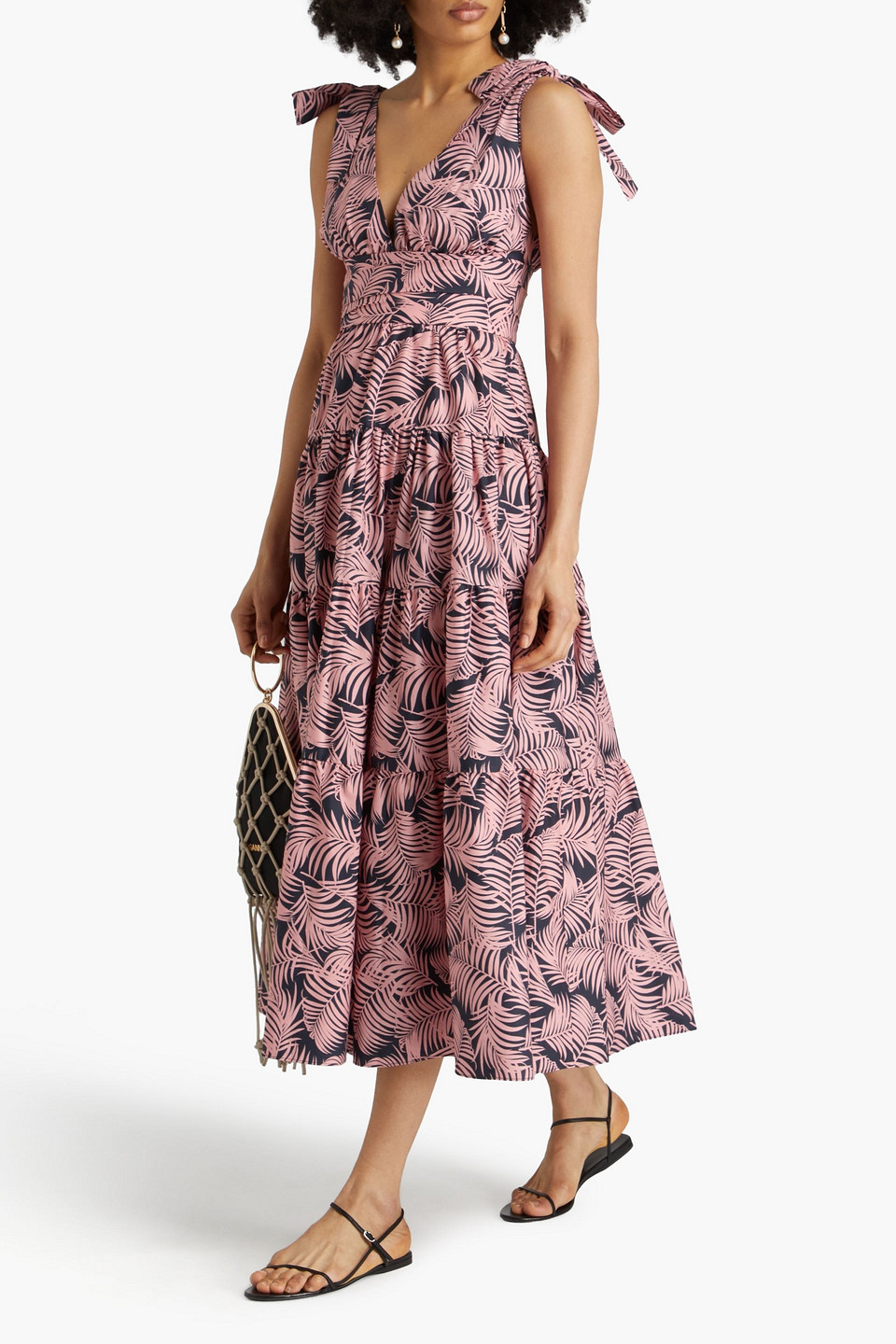 Shop Carolina Herrera Tiered Printed Cotton-poplin Midi Dress In Baby Pink