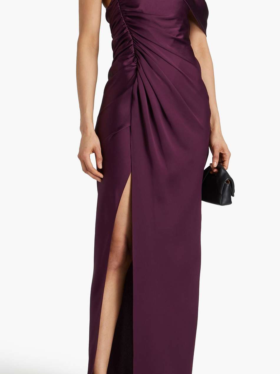 sahar one-shoulder ruched satin-crepe gown