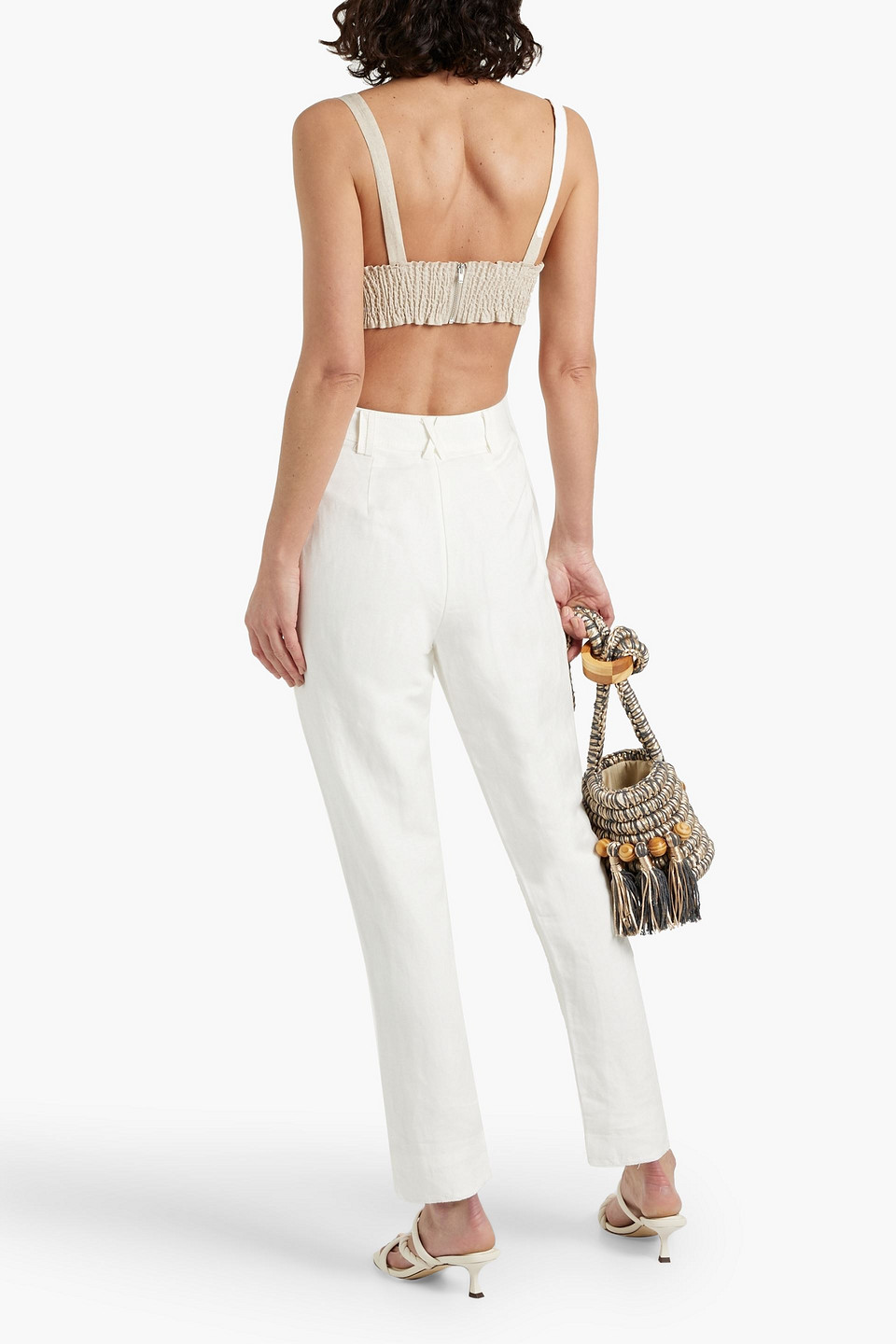 Shop Aje Impressionist Lace-up Linen-bend Slim-leg Pants In Ivory