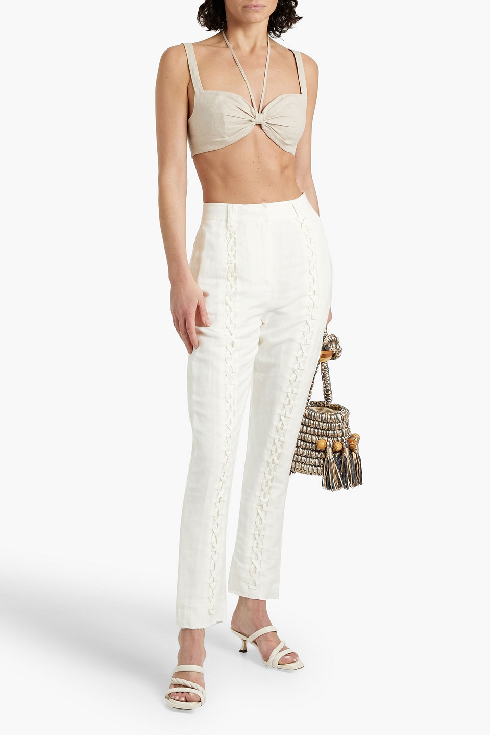 Shop Aje Impressionist Lace-up Linen-bend Slim-leg Pants In Ivory