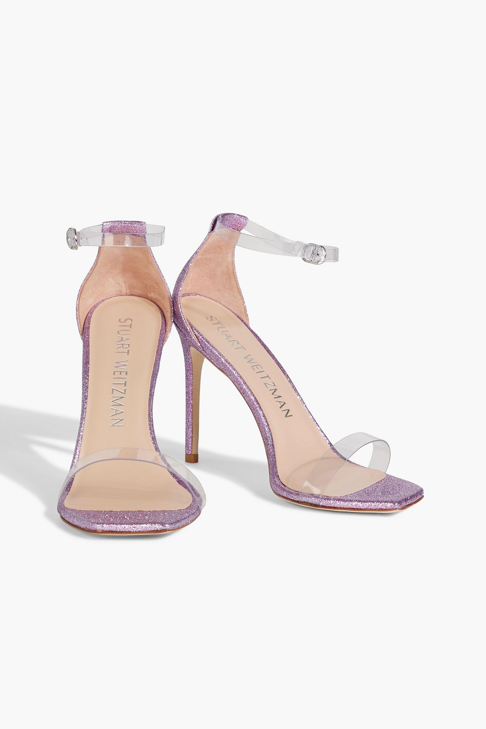 STUART WEITZMAN GLITTERED WOVEN AND PVC SANDALS 
