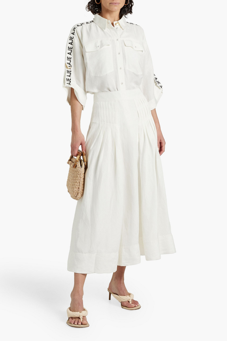 Aje Chloe Pleated Linen-blend Midi Skirt In Ivory