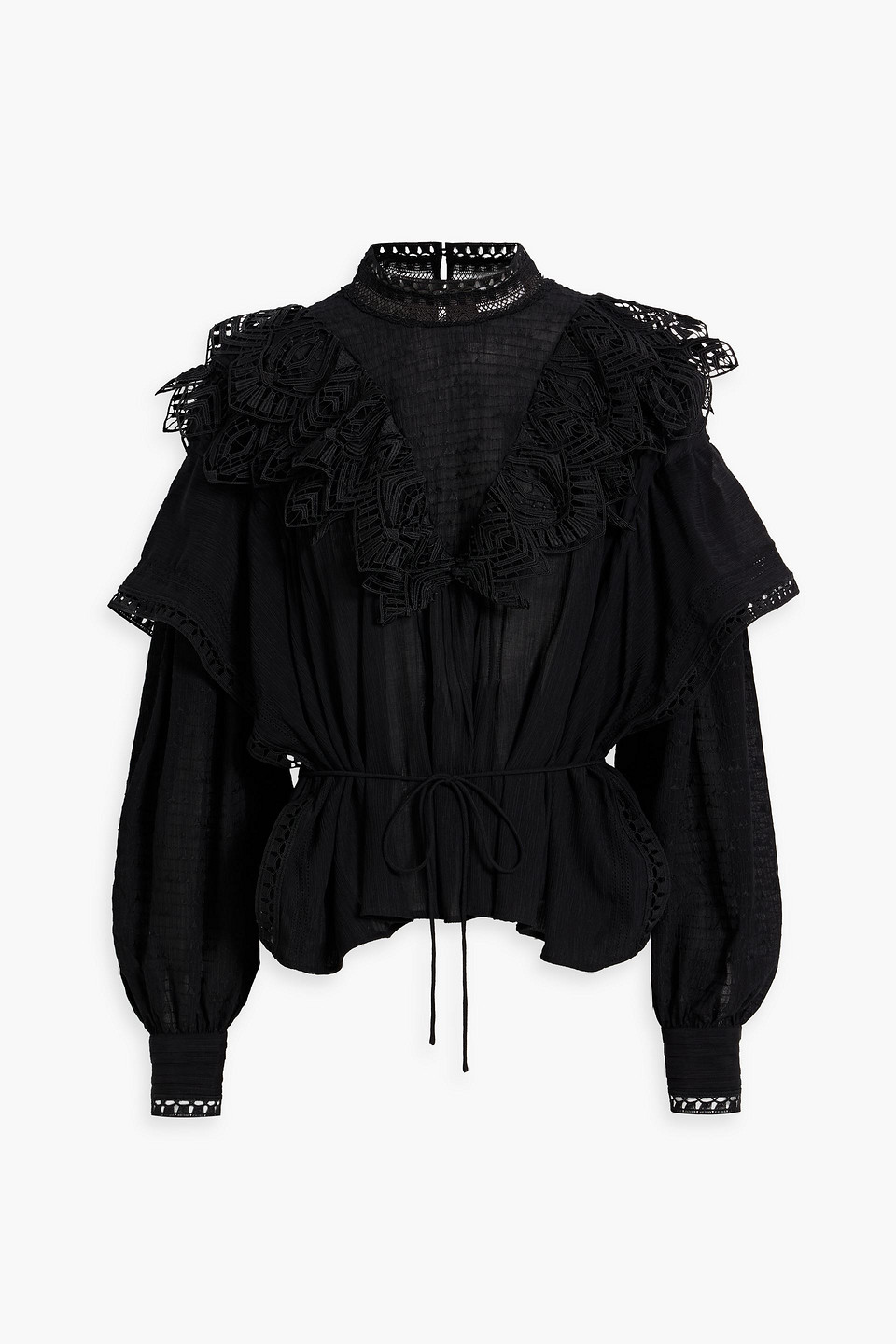 Shop Iro Dali Guipure Lace-trimmed Ruffled Georgette Blouse In Black