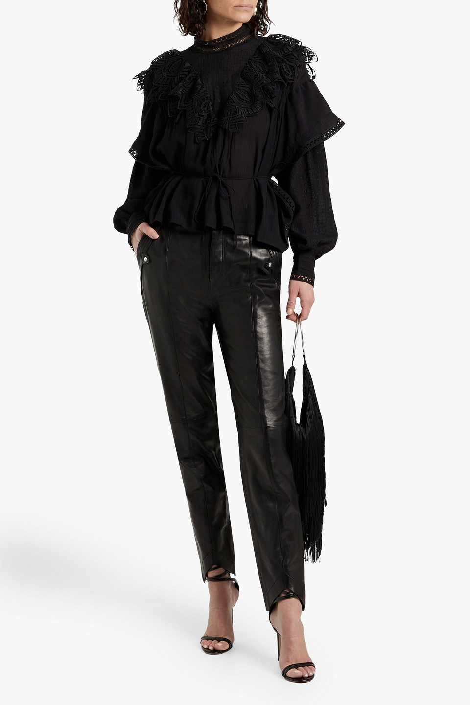 Shop Iro Dali Guipure Lace-trimmed Ruffled Georgette Blouse In Black