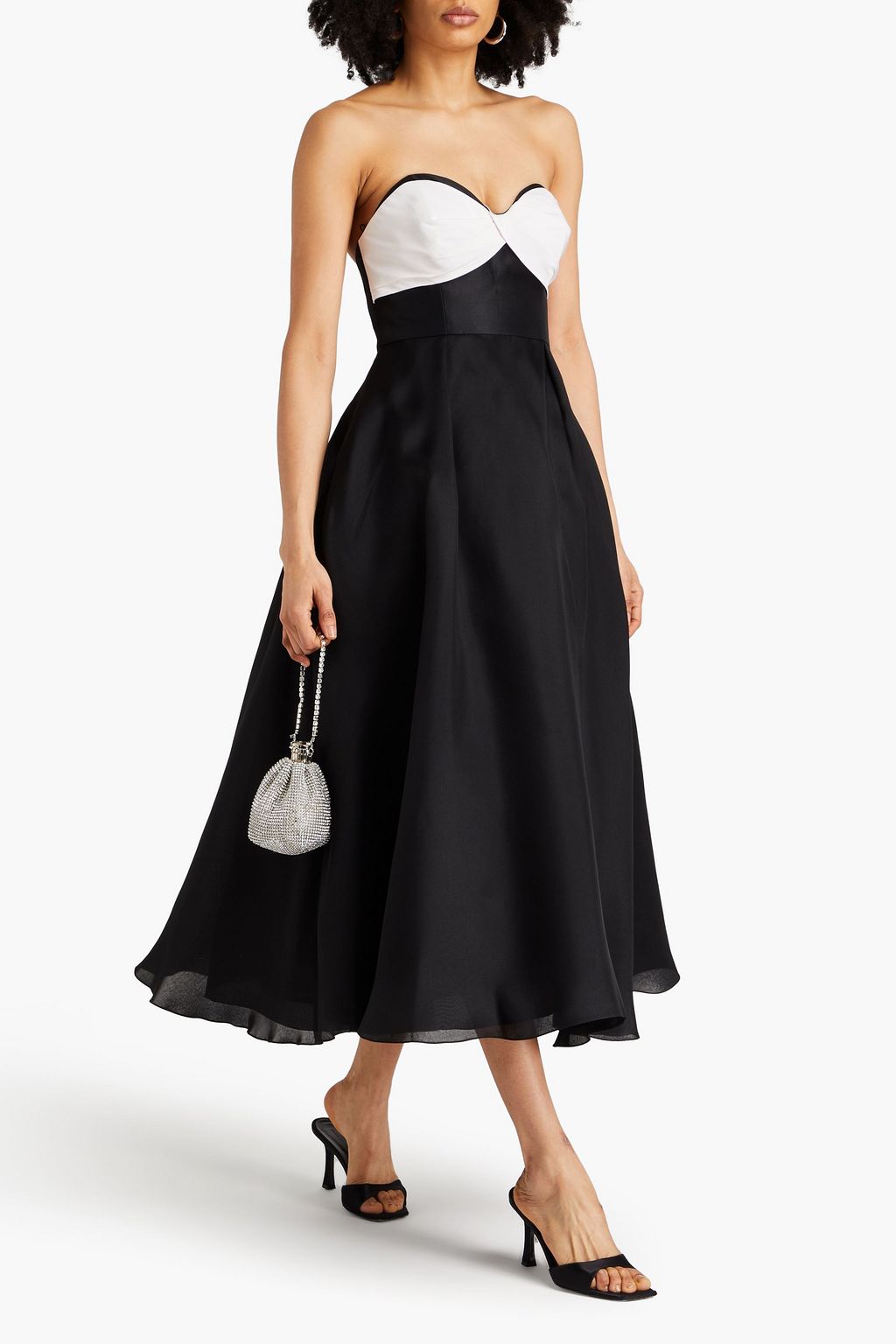 CAROLINA HERRERA シルクファイユ ミディワンピース ストラップレス ツイルパネル