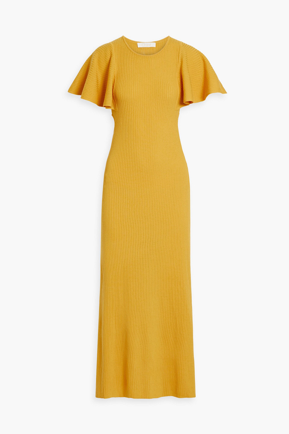 Chloé Cutout Ruffled Ribbed Wool Maxi Dress In Saffron