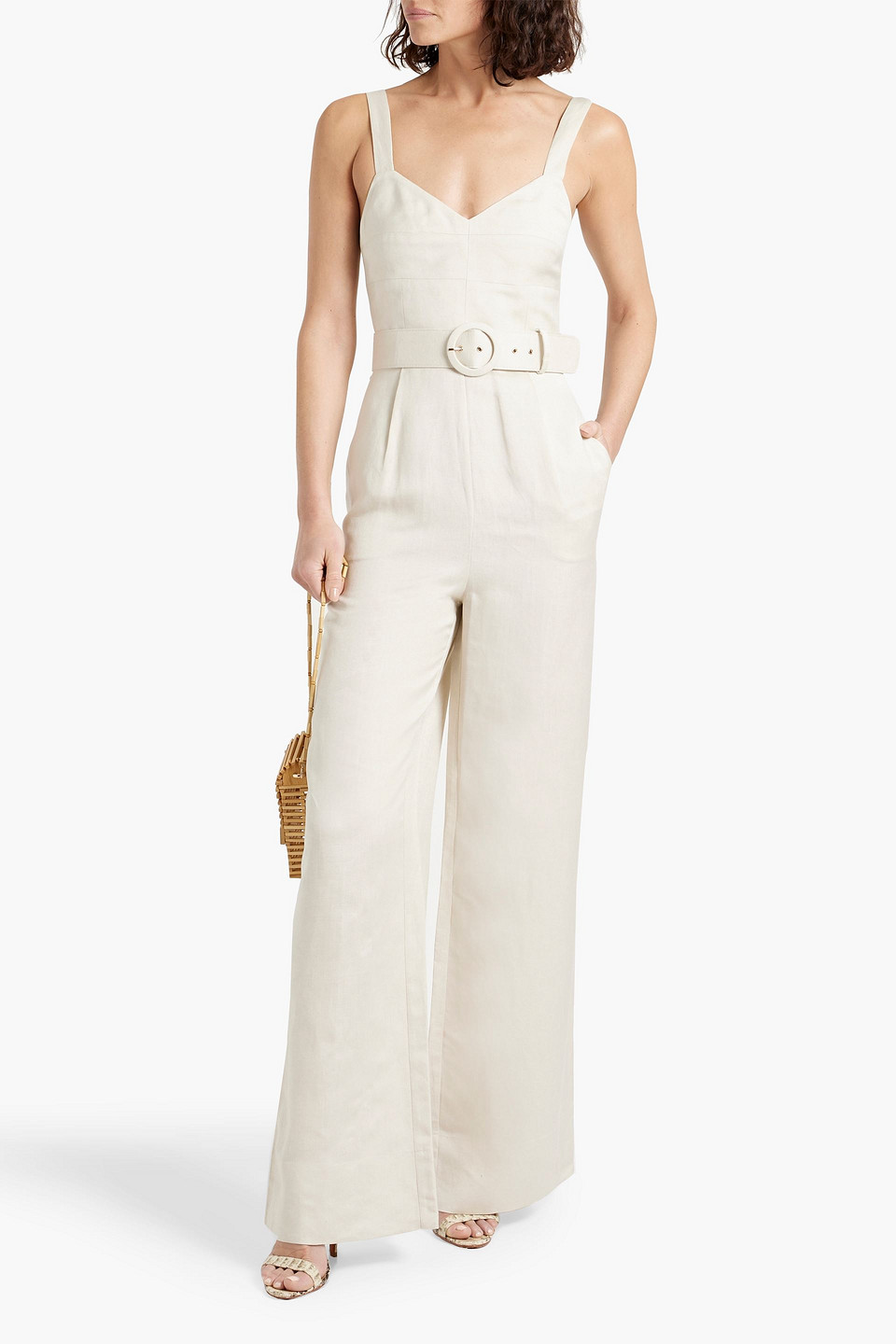 Nicholas Yvette Belted Linen-blend Wide-leg Jumpsuit In Ivory