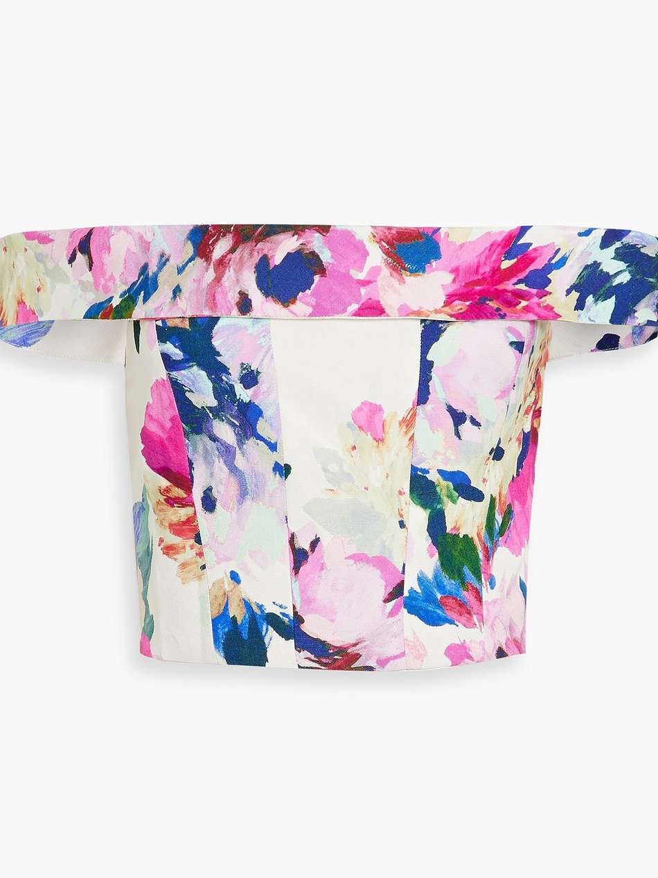 off-the-shoulder cropped floral-print linen-blend top
