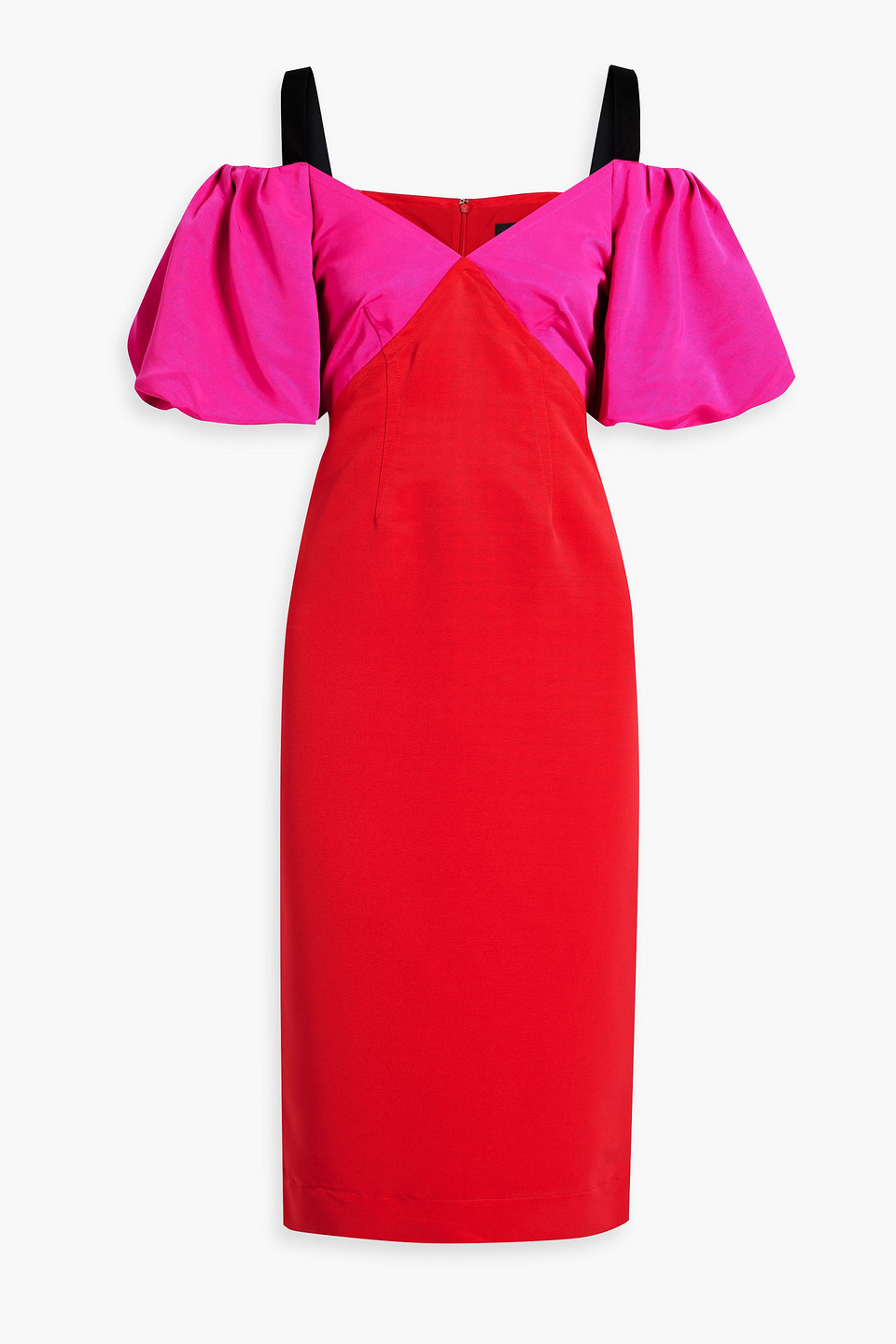 Zac Posen Open-shoulder Puff-sleeve Midi Dress In Red