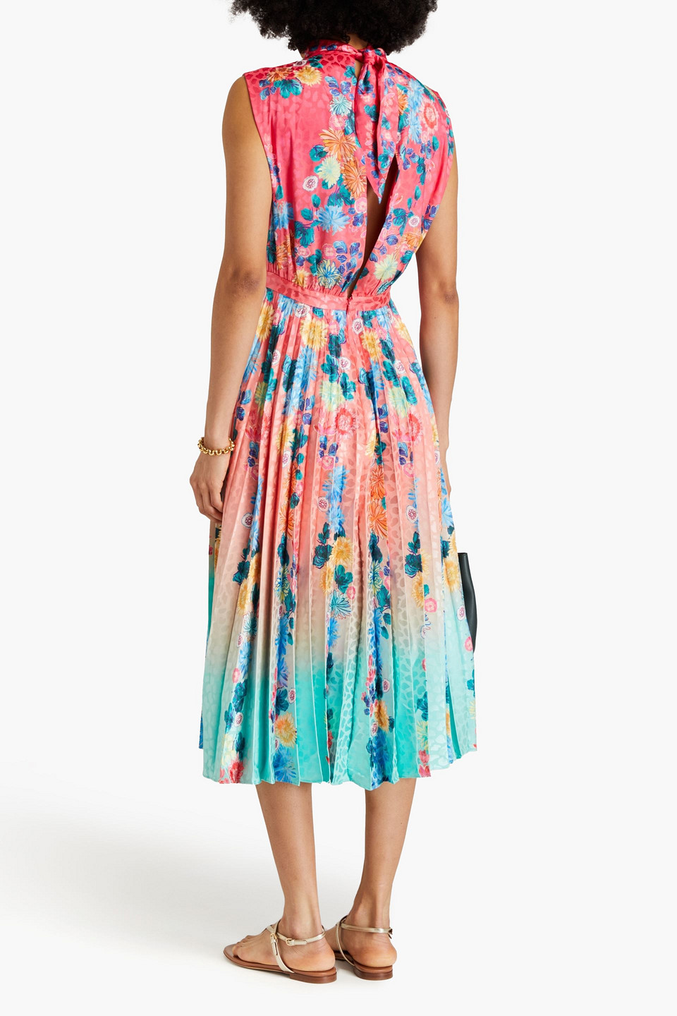 Saloni Pleated Printed Satin-jacquard Midi Dress In Pink
