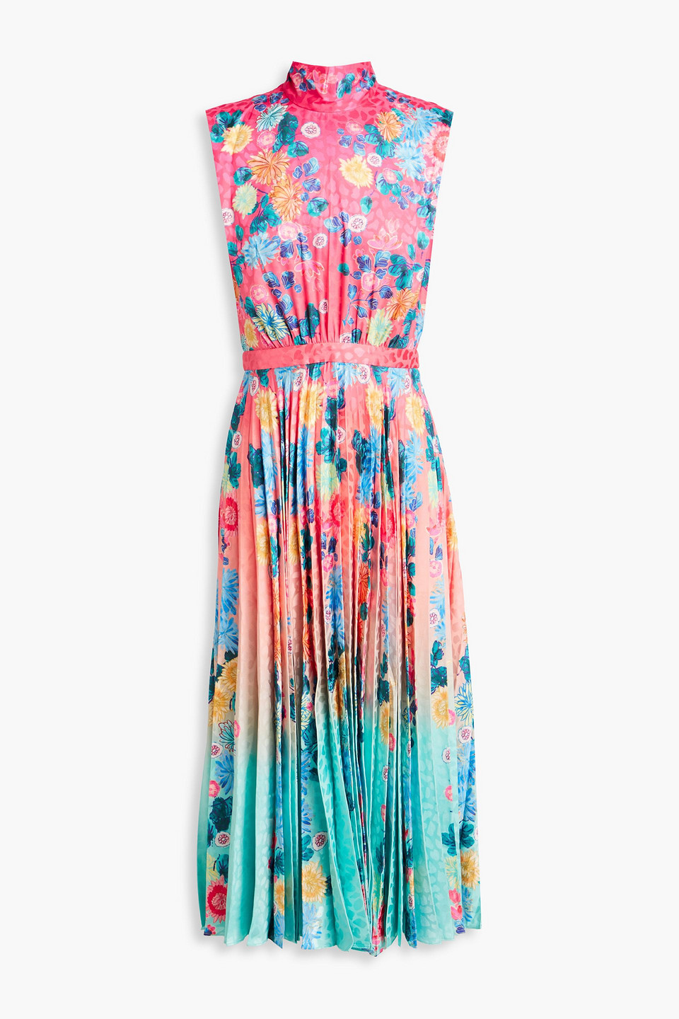 Pleated printed satin-jacquard midi dress