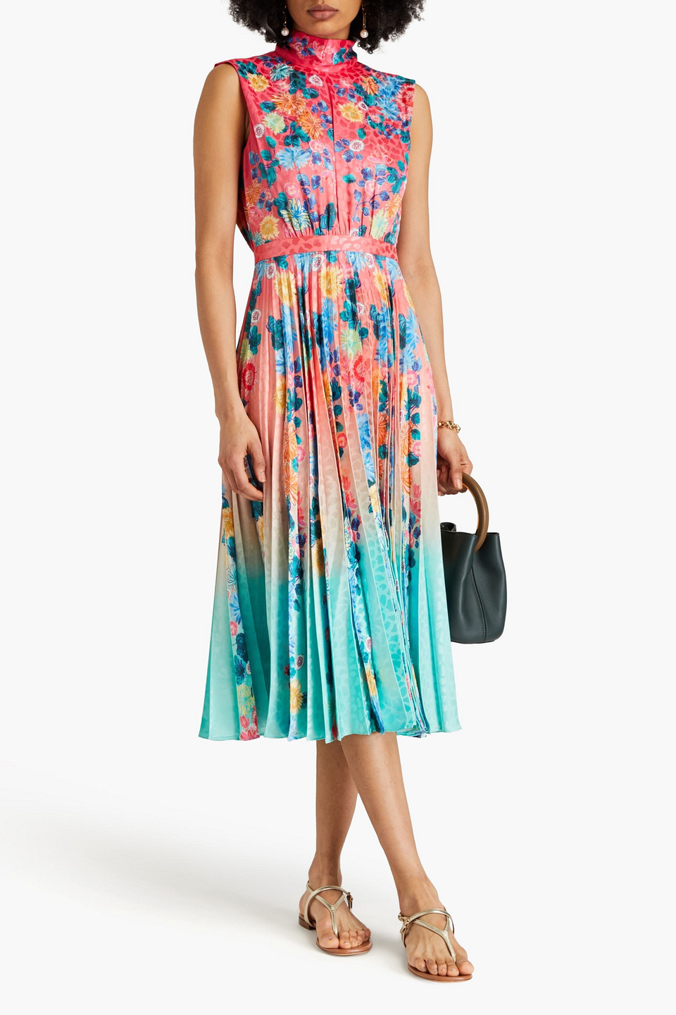 Shop Saloni Pleated Printed Satin-jacquard Midi Dress In Pink