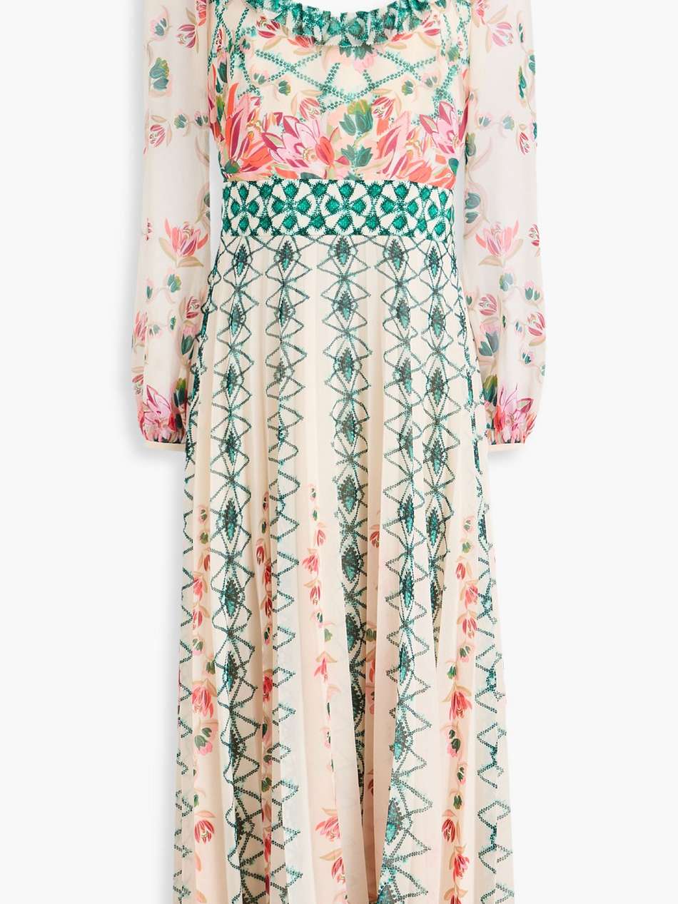 denise ruffled printed silk-georgette midi dress