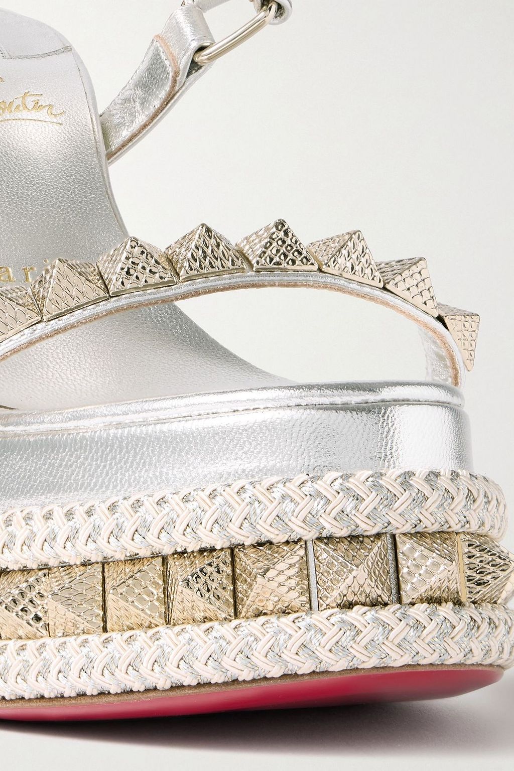 CHRISTIAN LOUBOUTIN Superclou 130 braid-trimmed studded metallic leather platform sandals