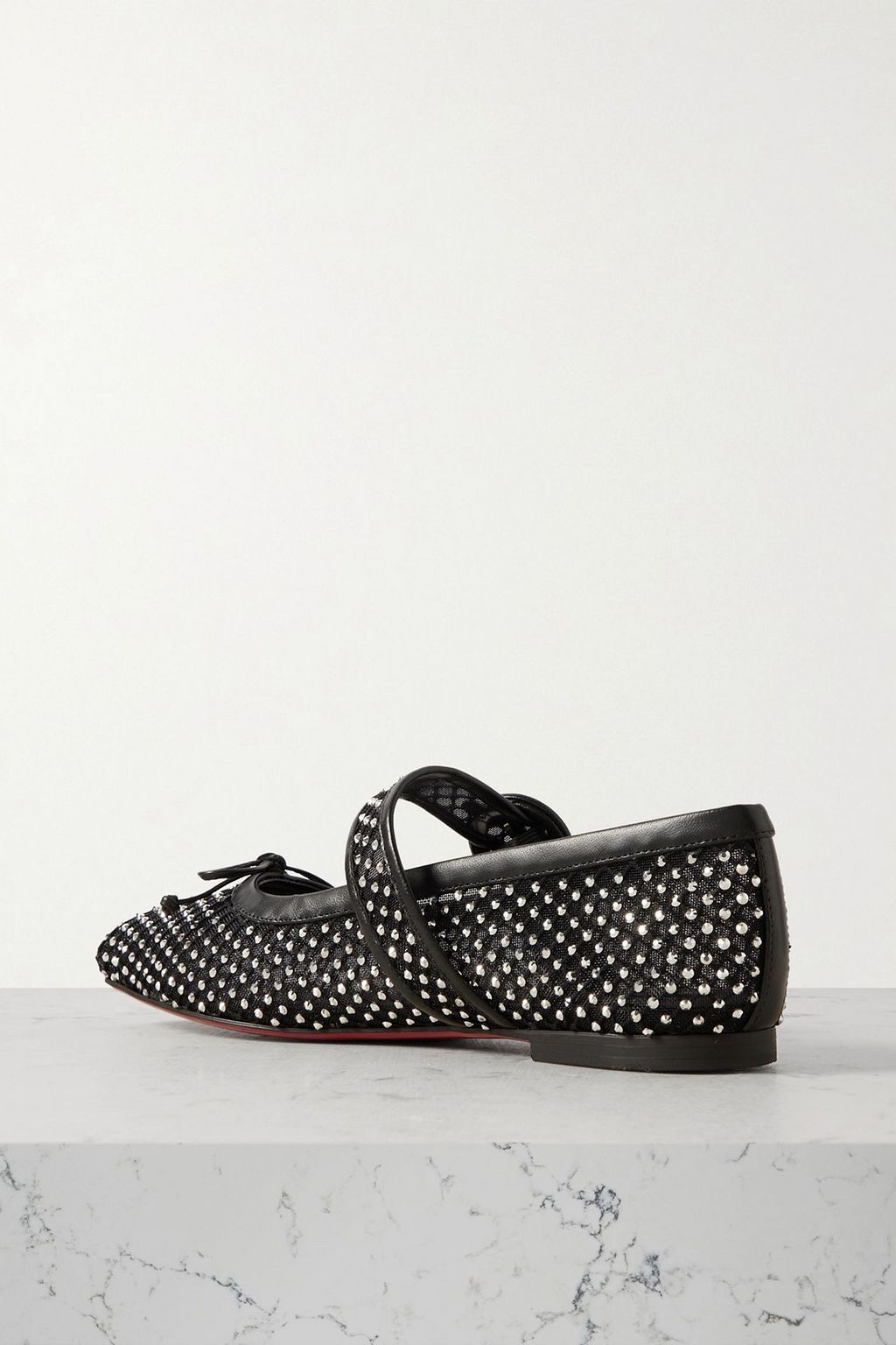 CHRISTIAN LOUBOUTIN Mamastrapitina crystal-embellished leather-trimmed mesh Mary Jane flats