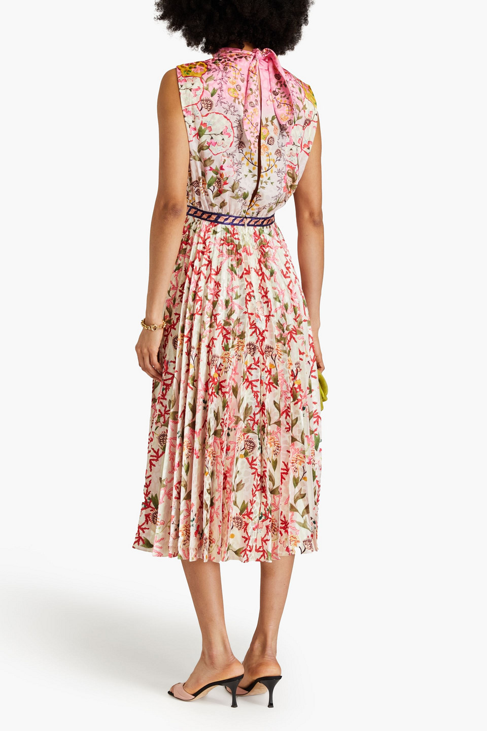 SALONI FLEUR PLEATED PRINTED SATIN-JACQUARD MIDI DRESS
