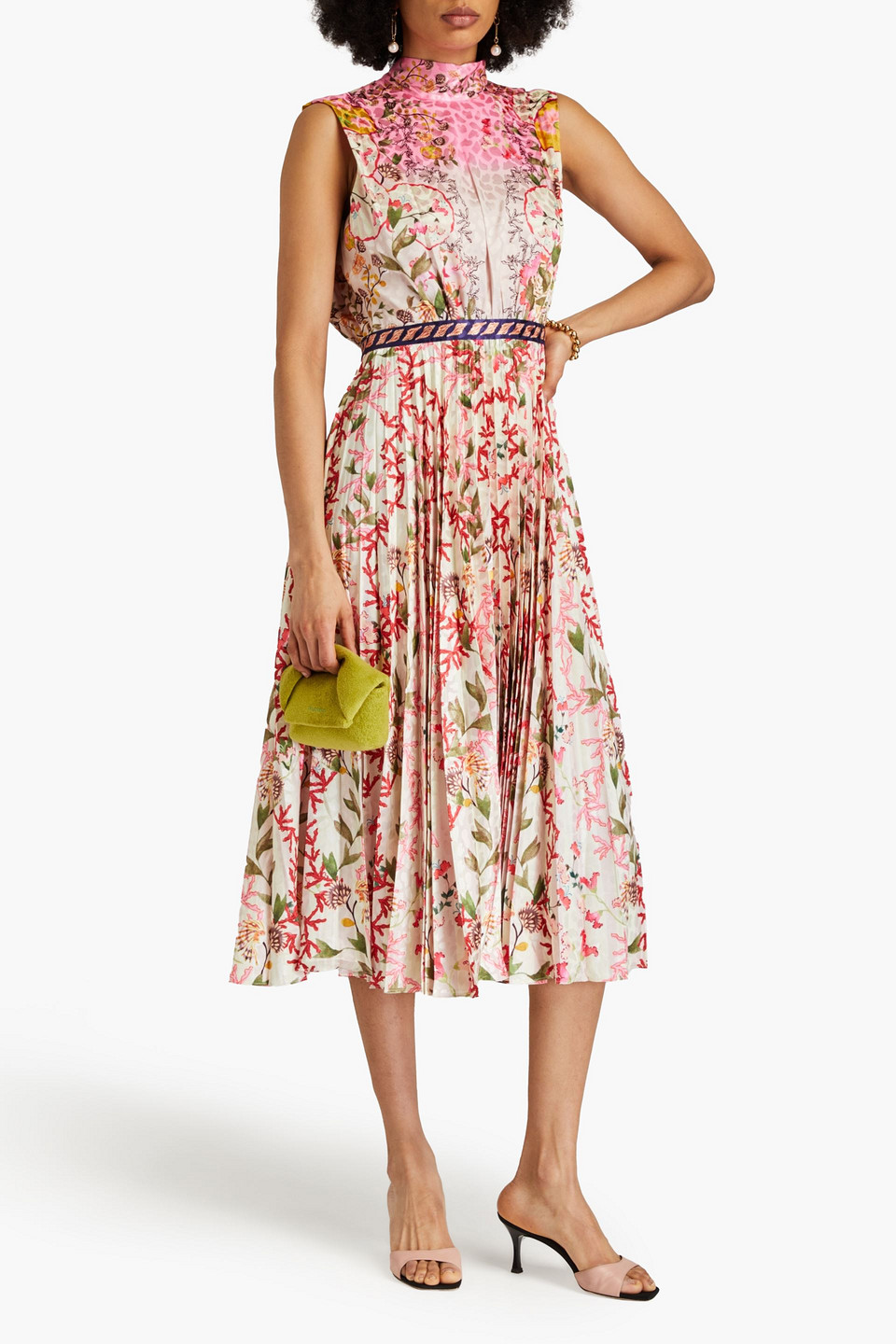 SALONI FLEUR PLEATED PRINTED SATIN-JACQUARD MIDI DRESS